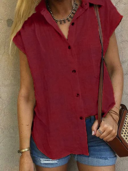 

Shirt Collar Linen Casual Top, Red, Blouses & Shirts