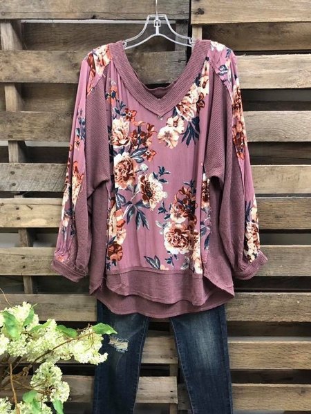 

Long Sleeve Cotton-Blend V Neck Shirts & Tops, Wine red, Tops
