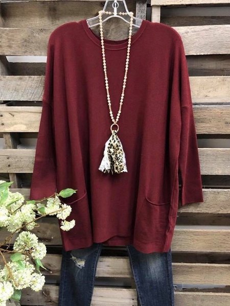 

Casual Solid O-Neck Cotton-Blend Shirts & Tops, Wine red, Tops