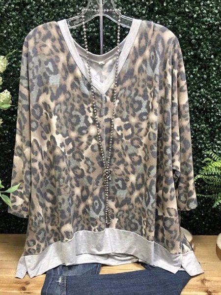 

V Neck Cotton-Blend Long Sleeve Shirts & Tops, Leopard, Tops