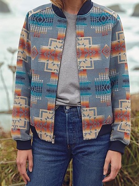 

Blue Stand Collar Tweed Casual Geometric Jacket, Coats