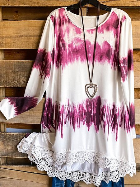 

Crew Neck Cotton-Blend Long Sleeve Ombre/tie-Dye Shirts & Tops, Purple, Tops