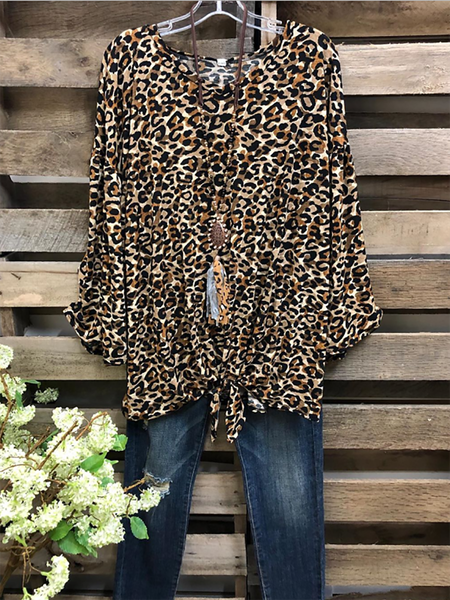 

Brown Leopard Crew Neck Long Sleeve Cotton-Blend Shirts & Tops, Tops