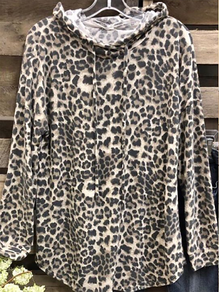 

Cotton-Blend Long Sleeve Leopard Shirts & Tops, Brown, Hoodies&Sweatshirts