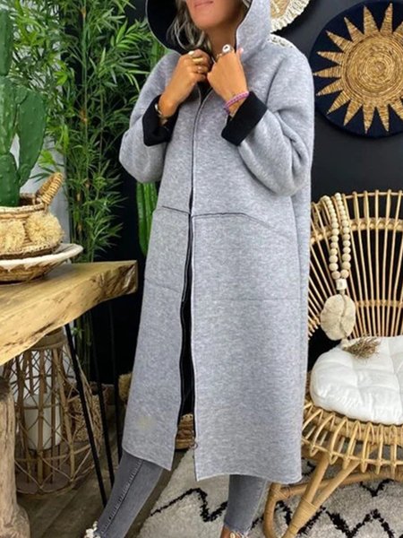 

Gray Pockets Hoodie Long Sleeve Jacket, Coats