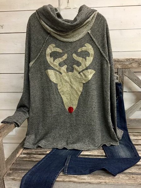 

Cotton-Blend Cowl Neck Long Sleeve Shirts & Tops, Gray, Hoodies&Sweatshirts