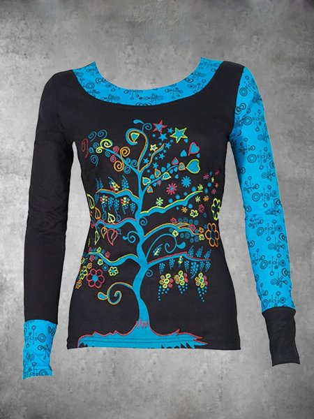 

Casual Long Sleeve Round Neck Top, Blue, T-shirts