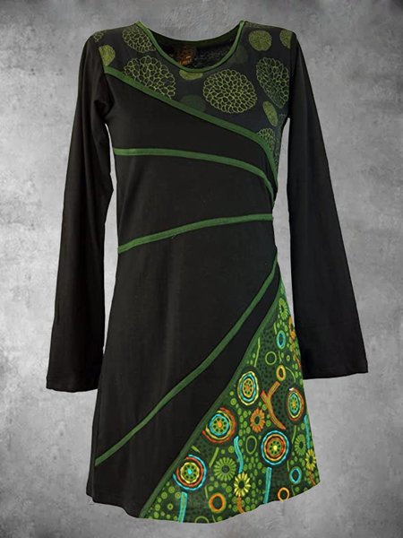 

Casual Long Sleeve Round Neck Plus Size Dress, Green, Print Dress