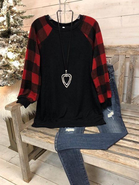

Checkered/plaid Cotton-Blend Casual O-Neck Shirts & Tops, Red, Tops