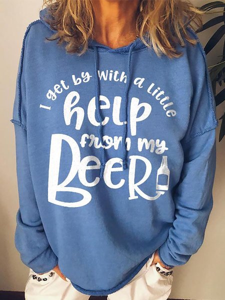 Ladies casual loose beer letter printed sweatshirt, Blue, Hoodies & Sweatshirts