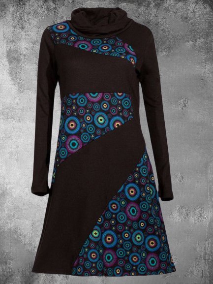 

Printed Turtleneck Cotton-Blend Long Sleeve Casual Knitting Dress, Black, Midi Dresses