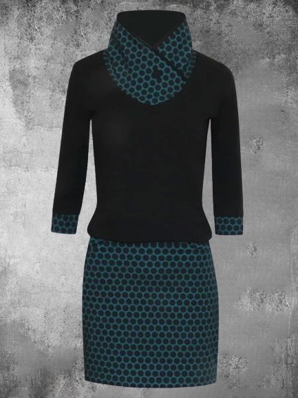 Gonna Stampato Maniche Lunghe Casuale Misto Cotone, Blu, Dresses