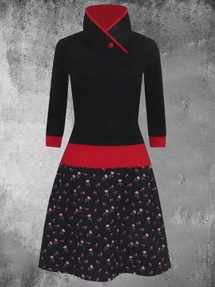 

Cotton-Blend Long Sleeve Floral-Print Casual Dresses, Black, Dresses