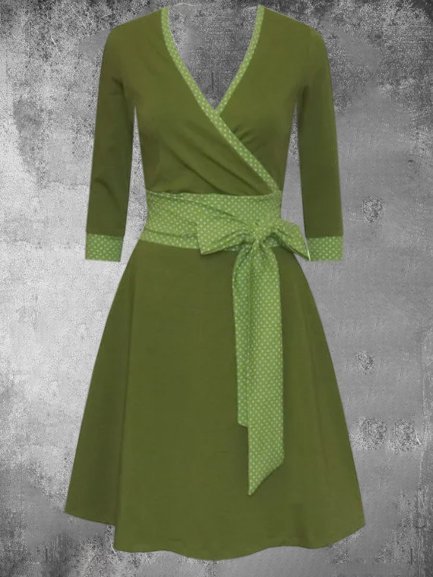 

V Neck Cotton-Blend Casual Knitting Dress, Green, Short