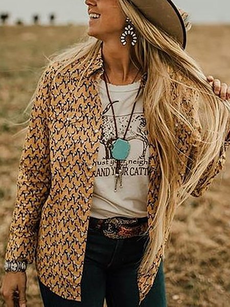 

Yellow Vintage Long Sleeve Shirt Collar Twill Jacket, Coats