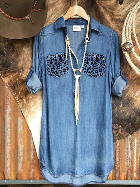

Blue Long Sleeve Plain Shirt Collar Denim Blouse, Tops