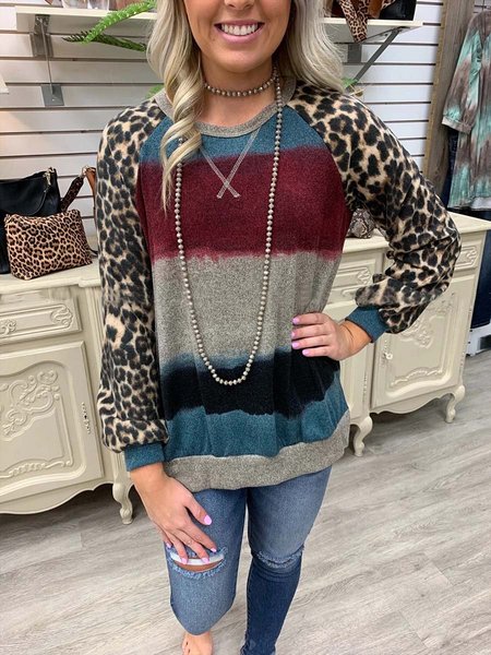 

Leopard Long Sleeve Crew Neck Shirt & Top, Brown, Long sleeves