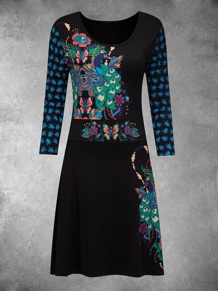 

Plus Size Vintage Crew Neck Long Sleeve Floral Dresses, Black, Dresses