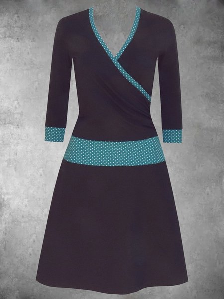 

Plus Size Long Sleeve V Neck Polka Dots Cotton-Blend Dresses, Blue, Dresses