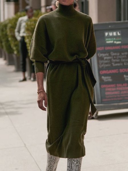 

Shift Knitted Holiday Turtleneck Weaving Dress, Army green, Dresses