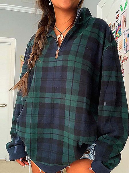 

Long Sleeve Stand Collar Shift Tops, Plaid, Tops