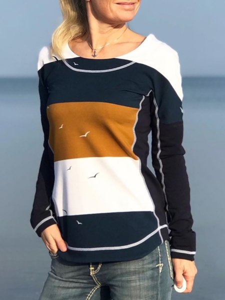 

Maniche Lunghe Stampato Casuale Top, Blu marino, Blouses & Shirts