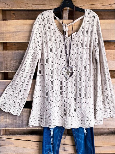 

Knitted Long Sleeve Solid V-Neck Casual Sweater, Beige, Sweaters