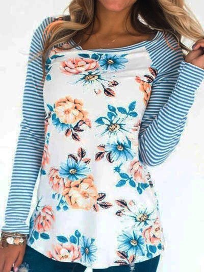 

Floral Cotton-Blend Long Sleeve Floral-Print Shirts & Tops, White-blue, Tops