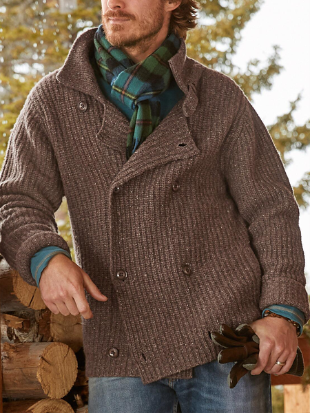 

Brown Plain Casual Lapel Cotton-Blend Sweater, Men Winter Clearance