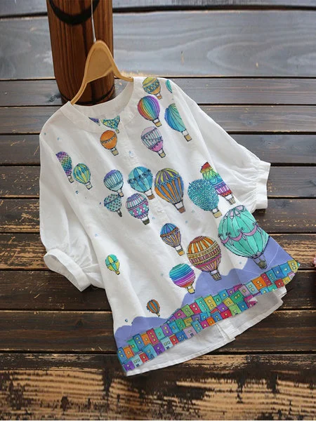 

Top a Girocollo Stampato Floreale Casuale di Misto Cotone, Bianco, Blouses & Shirts