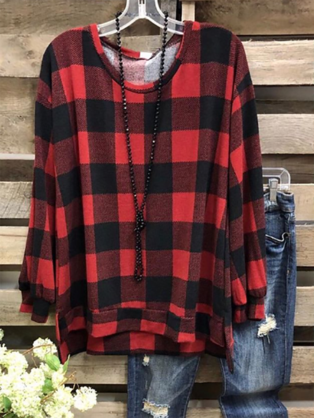 

Crew Neck Long Sleeve Print Shirt, Red, Tops