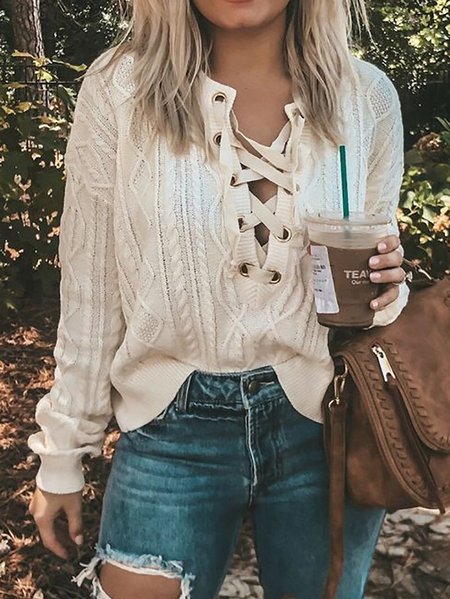 

White Casual Lace-Up Acrylic Sweater, Sweaters & Cardigans