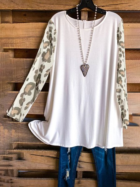 

White Leopard Casual T-shirt, Long sleeve tops