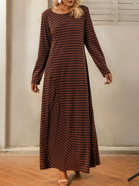 

Brown Stripes Casual Crew Neck Maxi Dress, Dresses