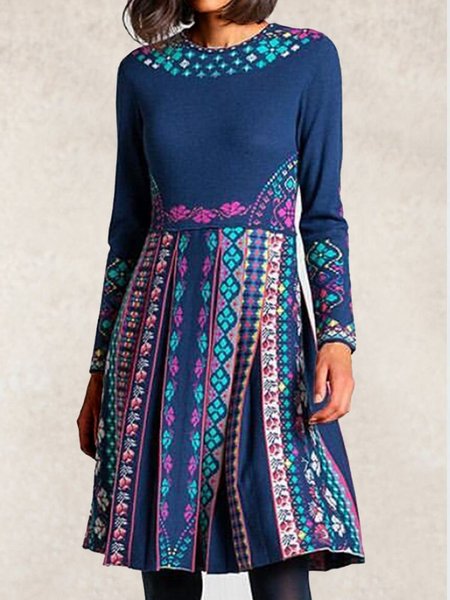 

Blu Maniche Lunghe Geometrico Abito Misto Cotone, Dresses