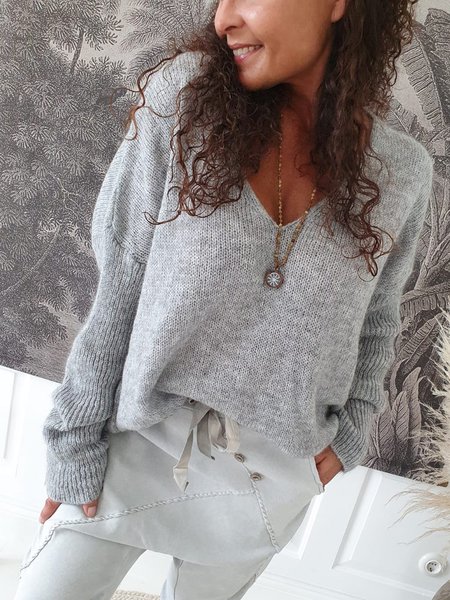 

Gray Casual Loose V Neck Solid Color Long Sleeve Sweater, Auto-clearance
