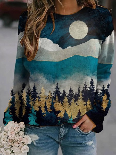 

Blue Casual Printed Long Sleeve Sweatshirt, Hoodies&Sweatshirts