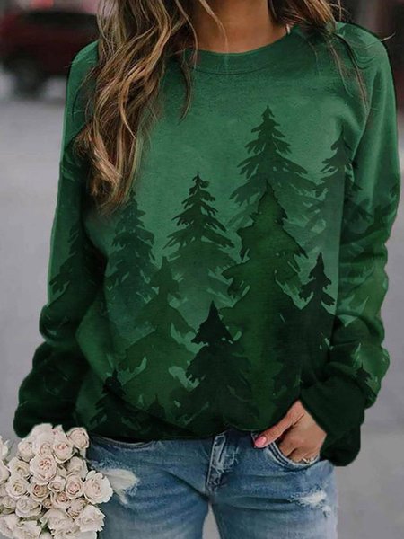 

Green Crew Neck Casual Long Sleeve Printed Sweatshirt, Hoodies&Sweatshirts