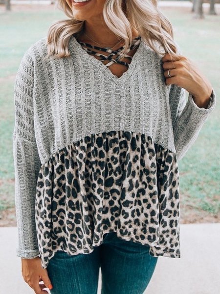 

Casual Long Sleeve V Neck Shirt, Gray, Tops