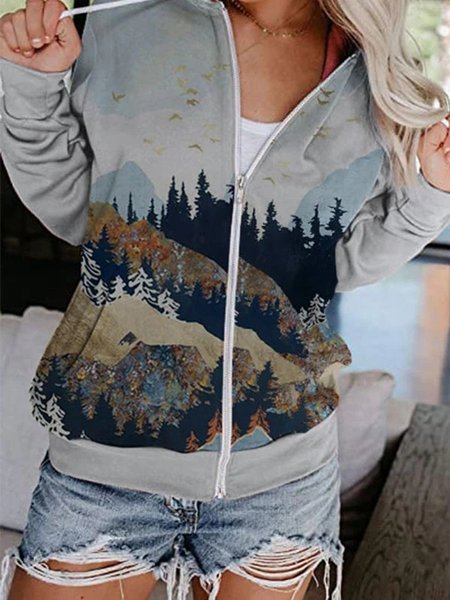 

Gray Vintage Printed Long Sleeve Hoodie Outerwear, Hoodies&Sweatshirts