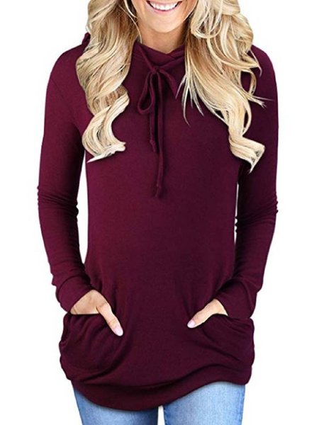

Solid Casual Long Sleeve Hoodie Sweatshirt, Wine red, Hoodies&Sweatshirts
