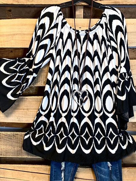 

Vintage Statement Geometrico Stampato Taglia Grande Maniche Lunghe Girocollo Casuale Top, Nero bianco, Blouses & Shirts
