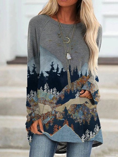 

Women's mountain treetop print long sleeve T-shirt, Grey-blue, Long sleeve tops