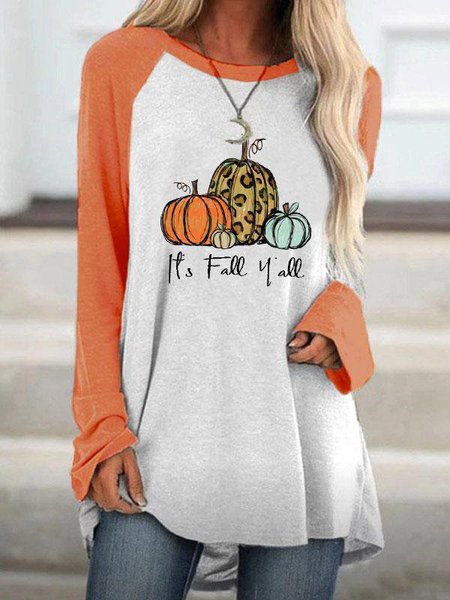 

It's Fall Yall Pumpkin Print Colorblock T-Shirt, Orange, Tops