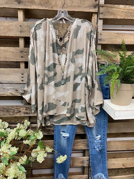 

Crew Neck Long Sleeve Cotton-Blend Shirt, Green, Tops