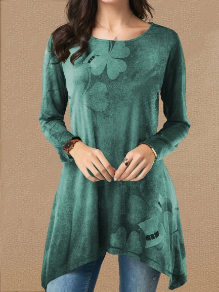 

Vintage Geometrico Stampata Floreale Maniche Lunghe Girocollo Casuale Top, Verde scuro, Blouses & Shirts
