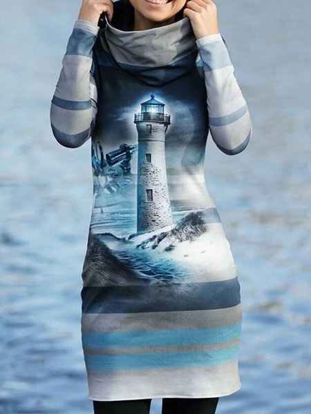 

Abito Blu Stampato Maniche Lunghe, Casual Dresses