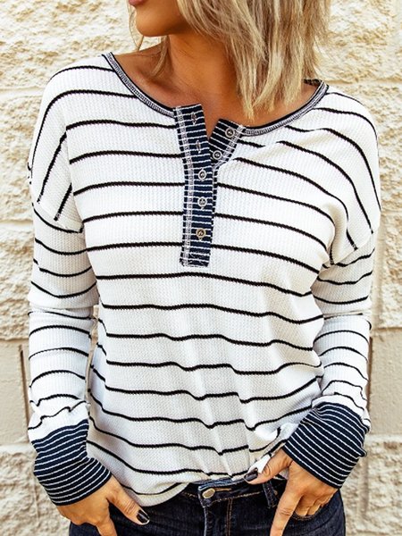

White Round Neck Stripes Cotton-Blend Casual Sweatshirt, Hoodies & Sweatshirts