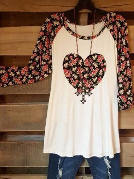 

Vintage Floral Printed Plus Size 3/4 Sleeve Crew Neck Casual Tops, Beige, Blouses & Shirts