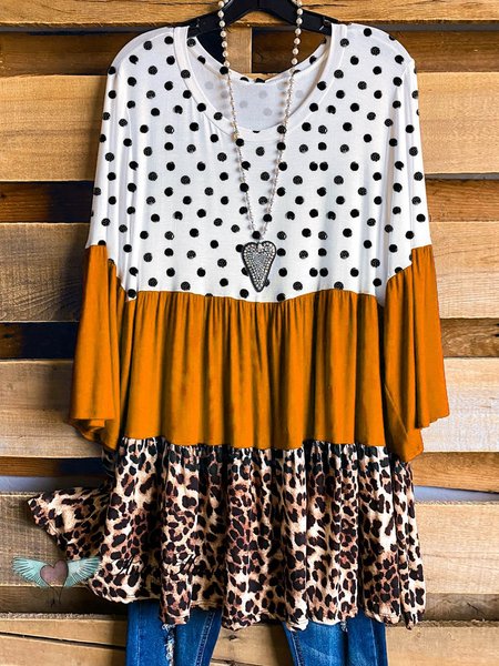 

Yellow Cotton-Blend Crew Neck Vintage Leopard Shirt & Top, Tan, Blouses